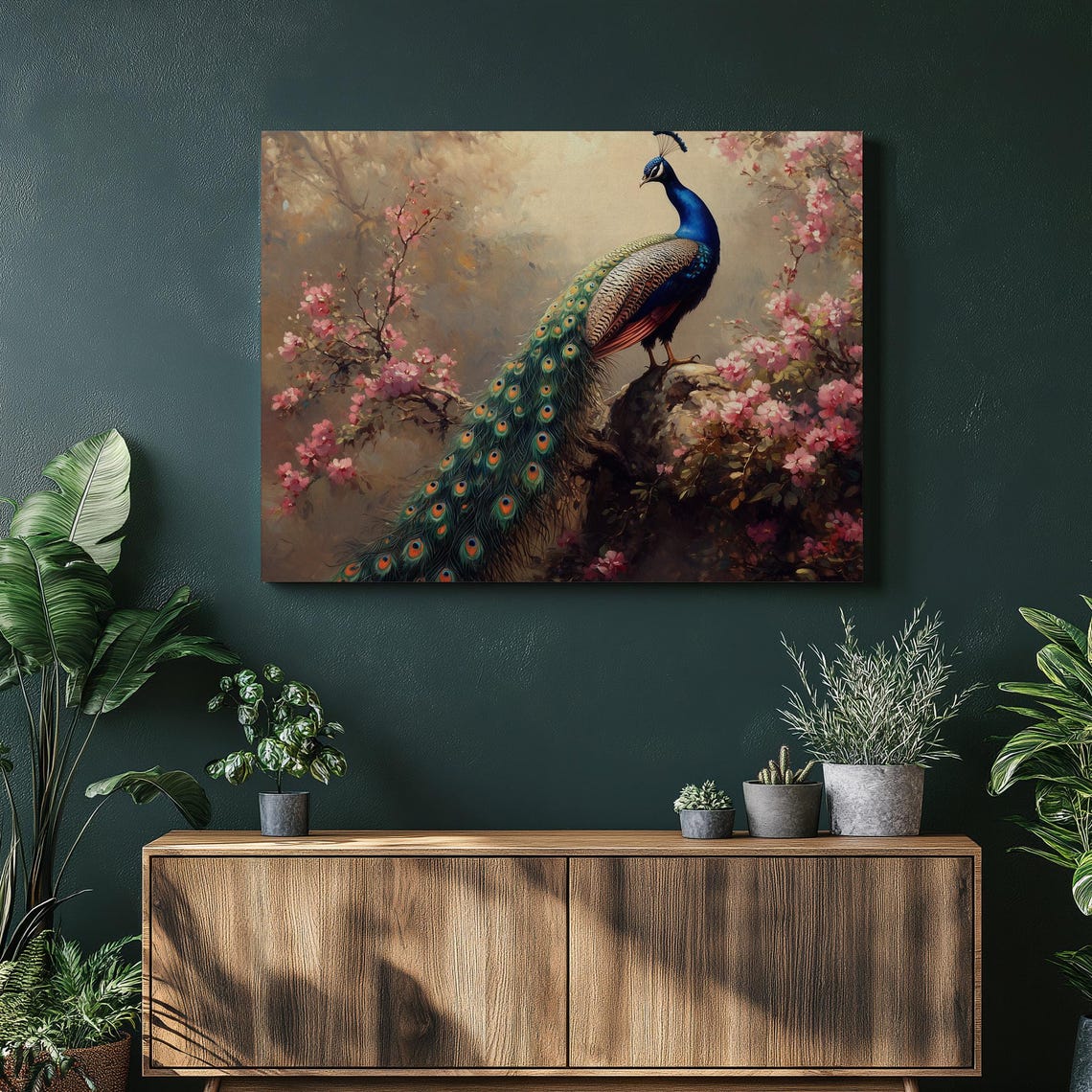 Peacock Perched in Pink Blossom Tree Oil Painting Bird Poster