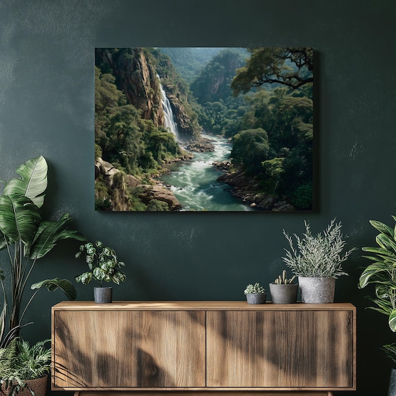 Tropical Waterfall River Canvas Wall Art Lush Rainforest Cascade Landscape Print Nature Decor Jungle Painting Green Foliage