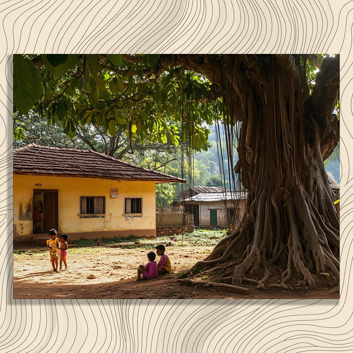 Ancient Banyan Tree Village Children Playing Serene Rural Landscape Poster
