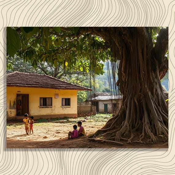 Banyan Tree Canvas Wall Art Serene Village Landscape Print Children Playing Rural Decor Tropical Roots Farmhouse Hanging Poster