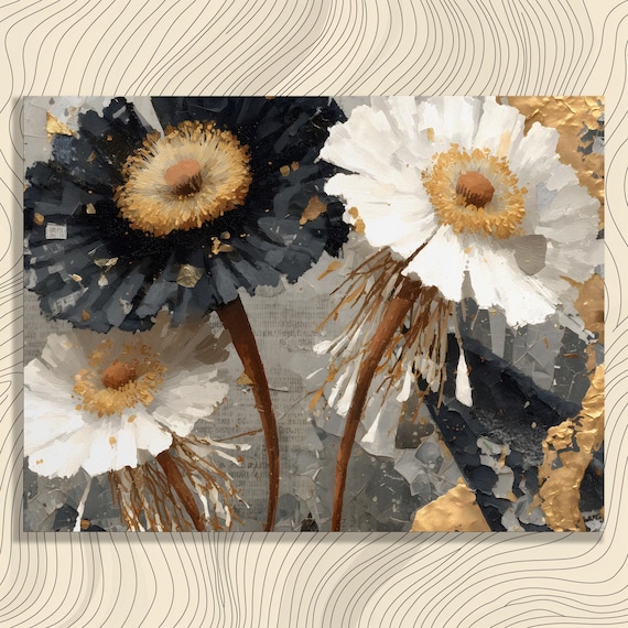 Abstract Black White Flowers Gold Accents Textured Botanical Poster