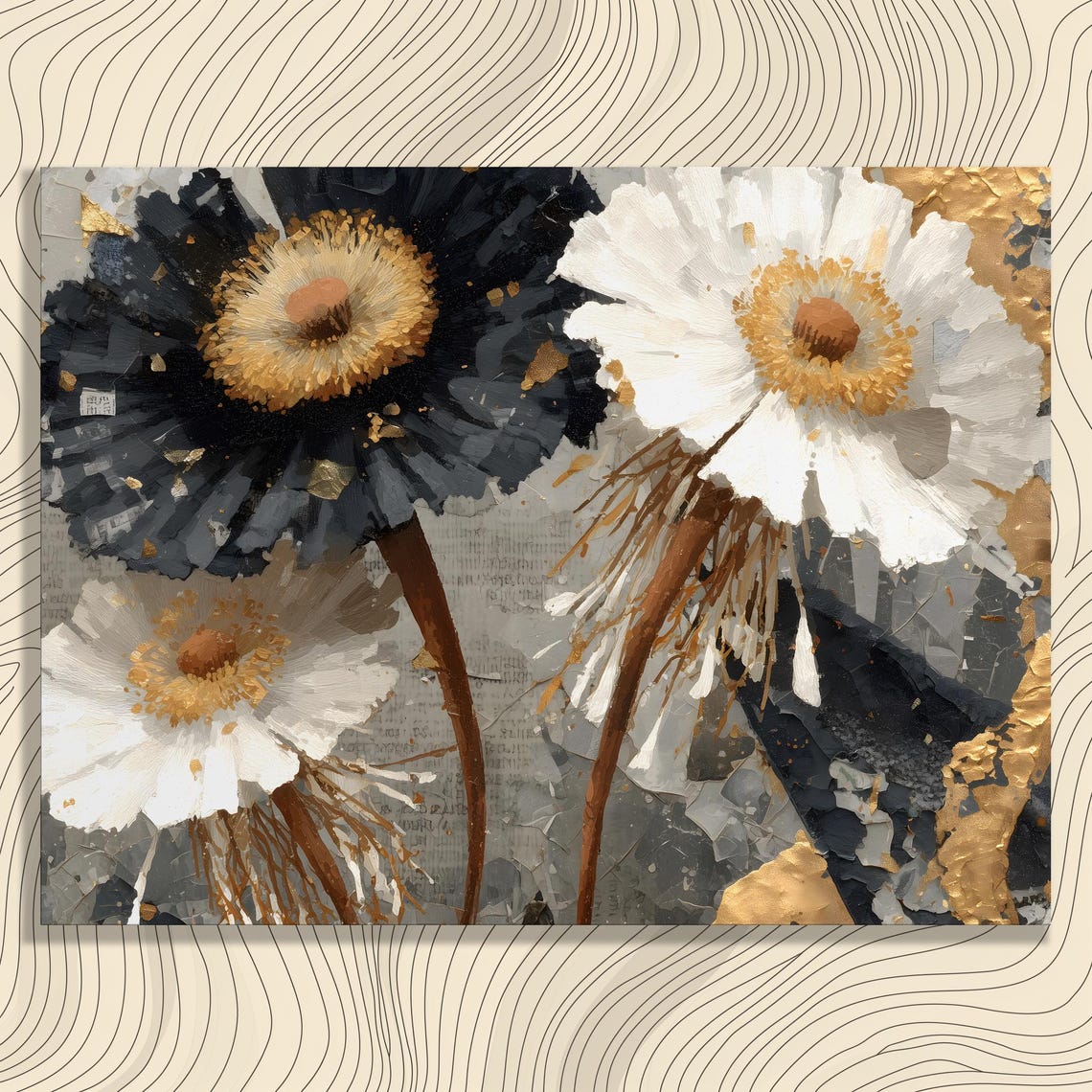 Abstract Black White Flowers Gold Accents Textured Botanical Poster