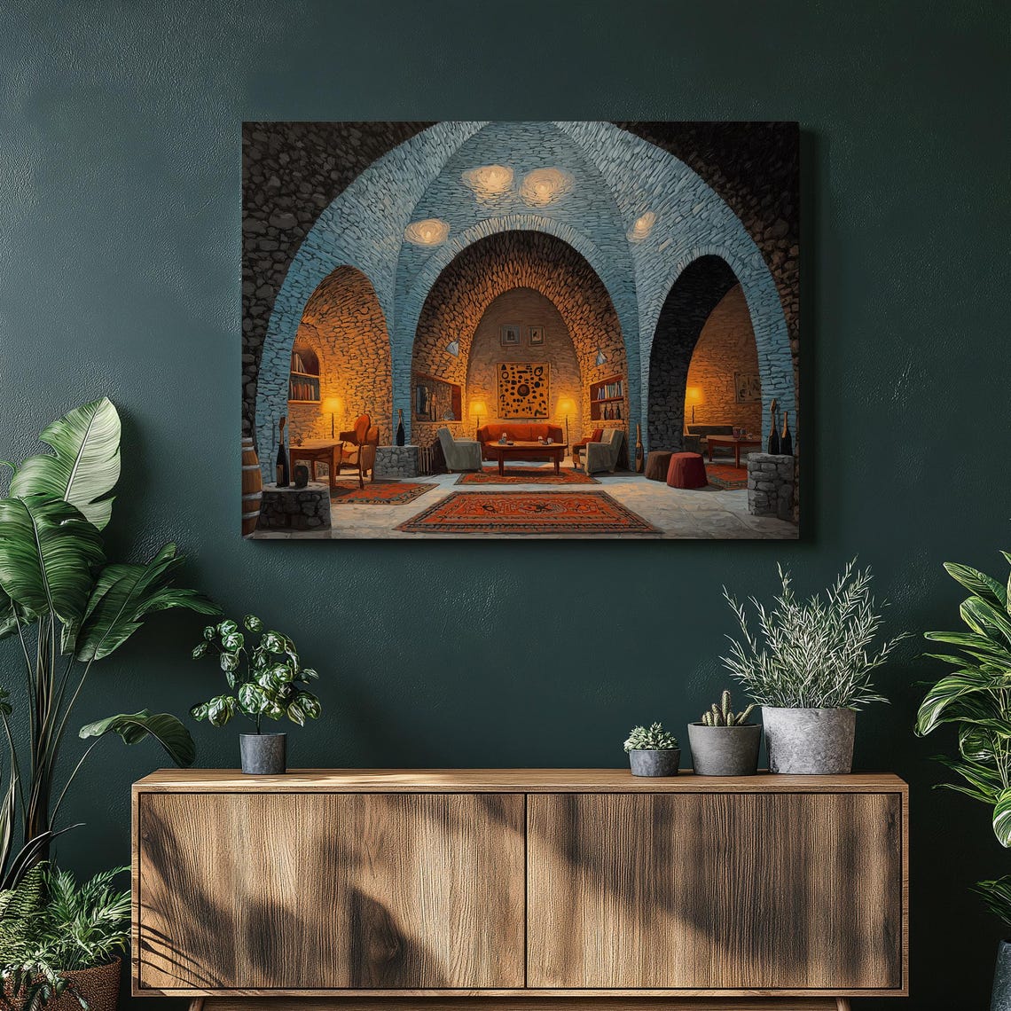 Rustic Wine Cellar Stone Vault Arches Warm Lamp Glow Painting Poster
