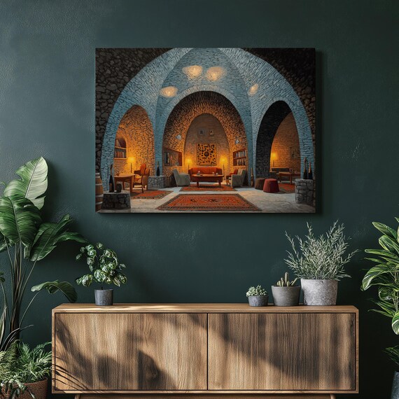 Rustic Wine Cellar Stone Vault Arches Warm Lamp Glow Painting Poster