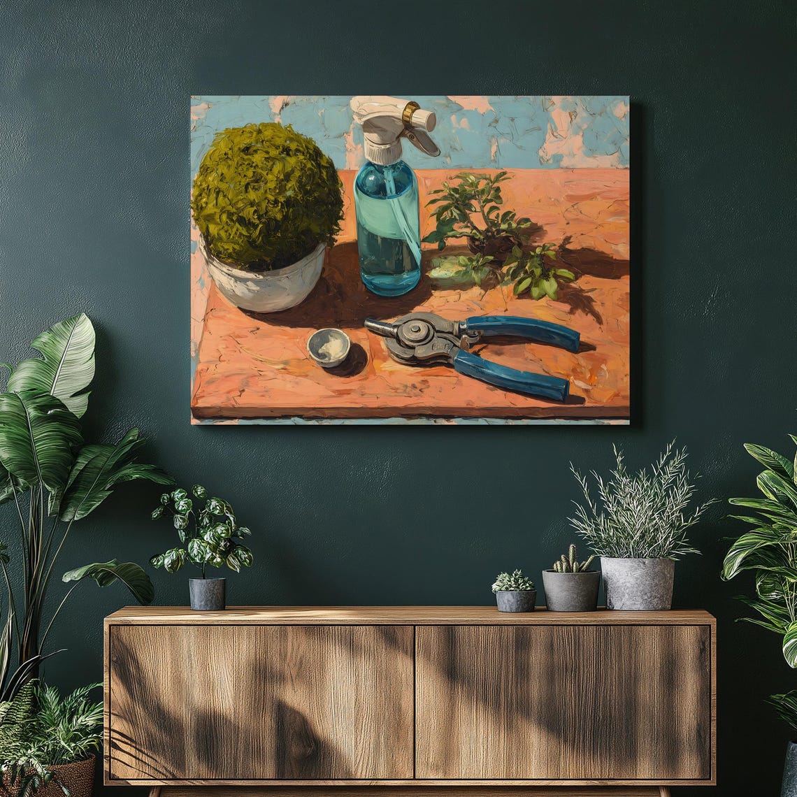 Colorful Botanical Garden Canvas Wall Art Topiary Still Life With Spray Bottle Pruning Shears On Wooden Board Decor