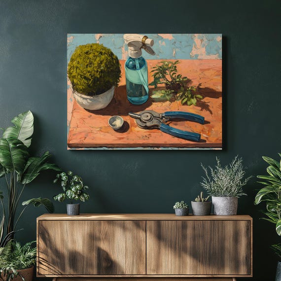 Colorful Botanical Garden Canvas Wall Art Topiary Still Life With Spray Bottle Pruning Shears On Wooden Board Decor