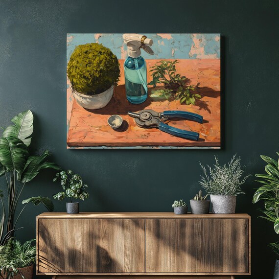 Garden Tools Still Life Topiary Spray Bottle Oil Painting Poster
