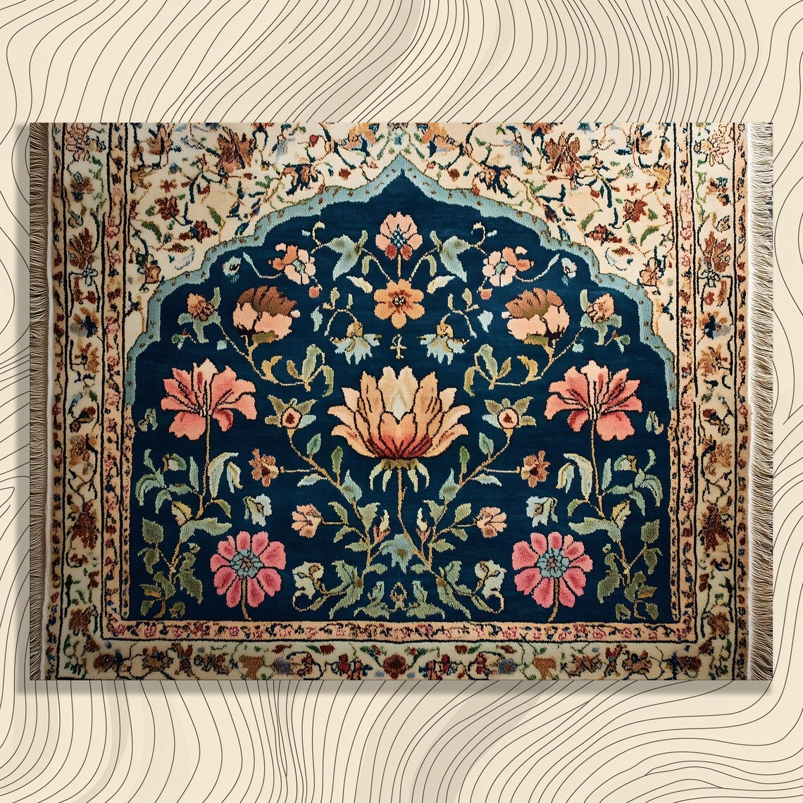 Persian Rug Style Navy Floral Tapestry Ornate Botanical Wall Art