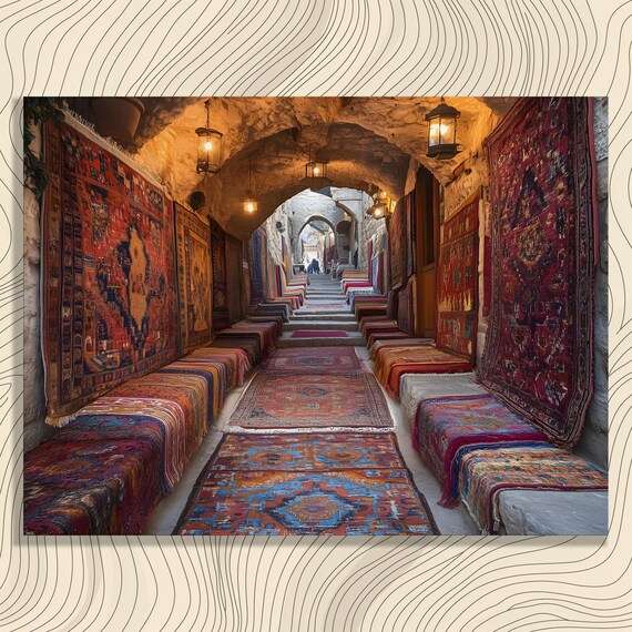 Oriental Rug Bazaar Stone Alley Vintage Travel Market Scene Poster