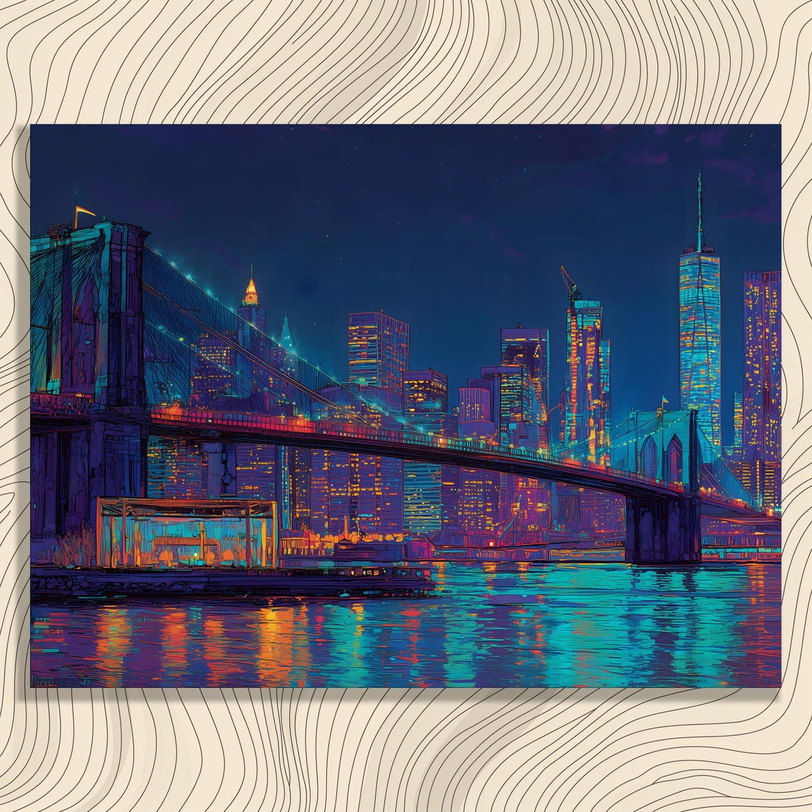 Vibrant Brooklyn Bridge NYC Skyline Neon Night City Lights Poster