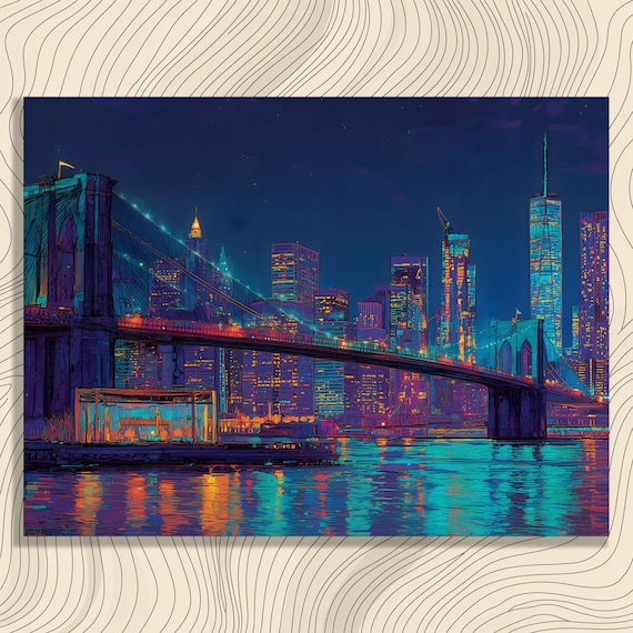 Vibrant Brooklyn Bridge Canvas Wall Art Nyc Skyline Print Colorful City Lights Decor Modern Urban Painting Manhattan Night Cityscape