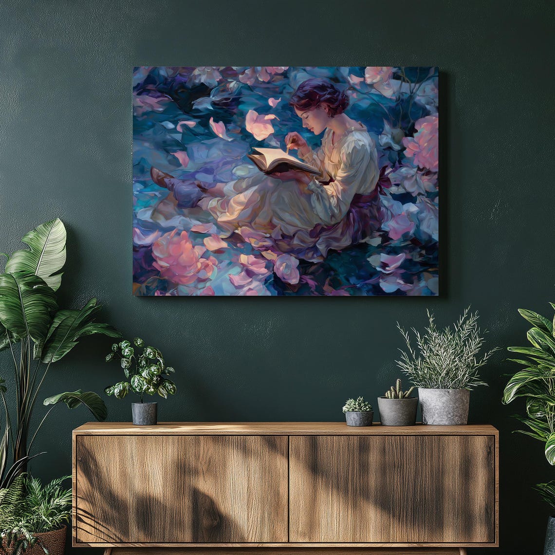 Woman Reading Among Blooming Flowers Impressionist Art Poster