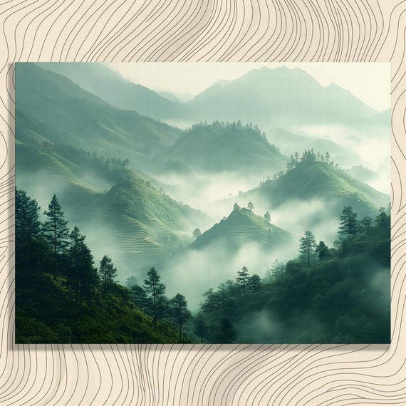 Misty Green Mountain Canvas Wall Art Minimal Landscape Painting Nature Print Serene Scenery Decor For Lovers