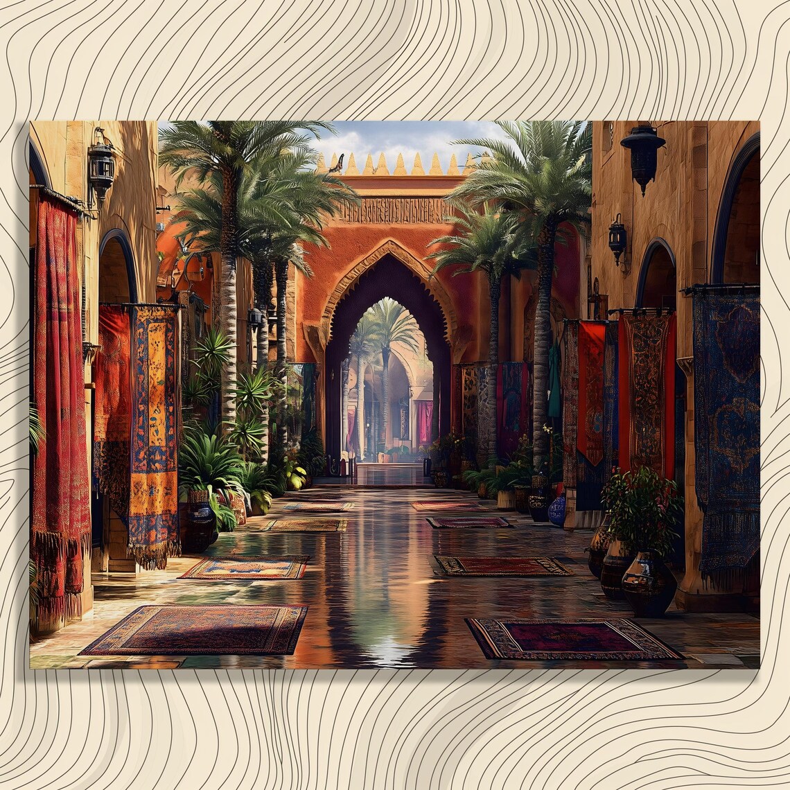 Vibrant Bazaar Courtyard Arched Palace Palm Trees Hanging Rugs Poster