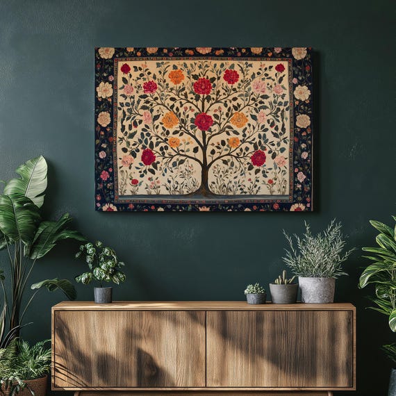 Tree Of Life Floral Canvas Wall Art Ornate Botanical Roses Tapestry Print Vintage Inspired Garden Design Elegant Decor For Home