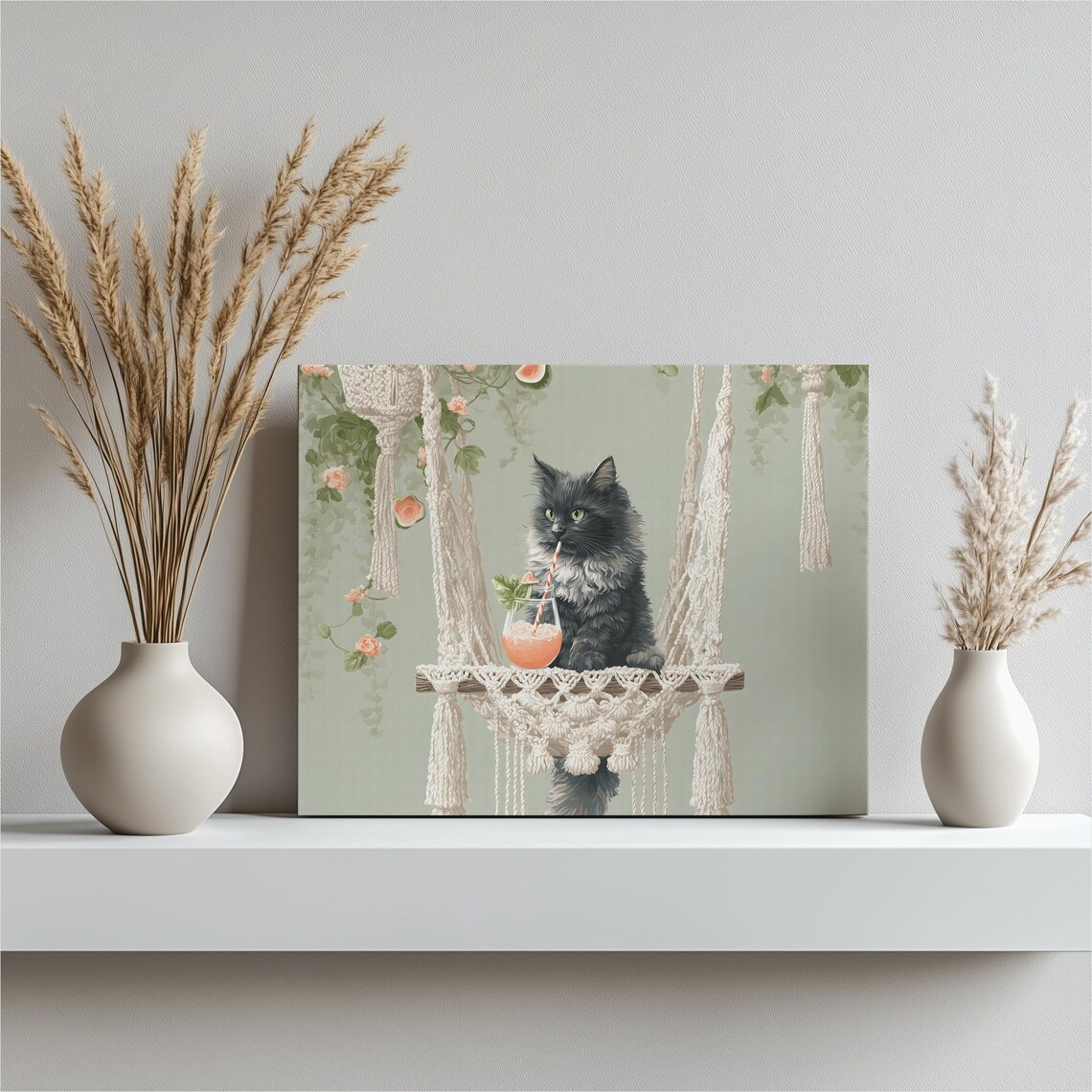 Fluffy Black Cat Macrame Swing Cocktail Boho Botanical Whimsical Poster