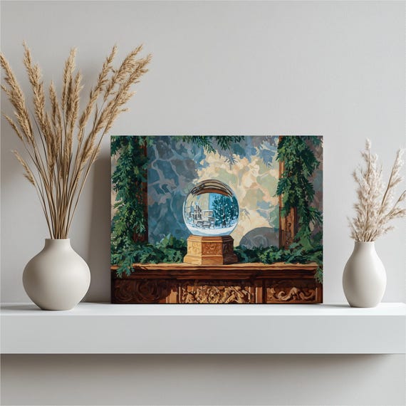 Traditional Snow Globe Canvas Wall Art Winter Painting Print Pine Garland Mantel Decor Holiday Gift Rustic Evergreen Scene