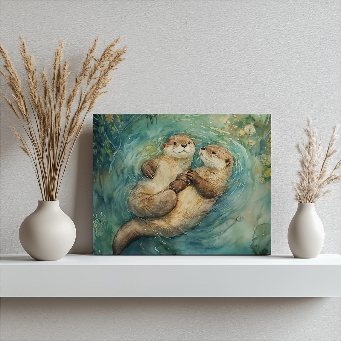 Two Otters Embracing While Floating Sweet Watercolor Art Poster