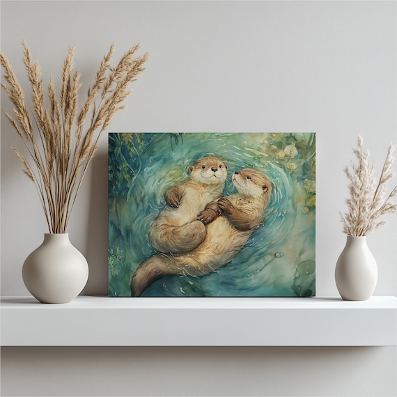 Two Otters Embracing While Floating Sweet Watercolor Art Poster