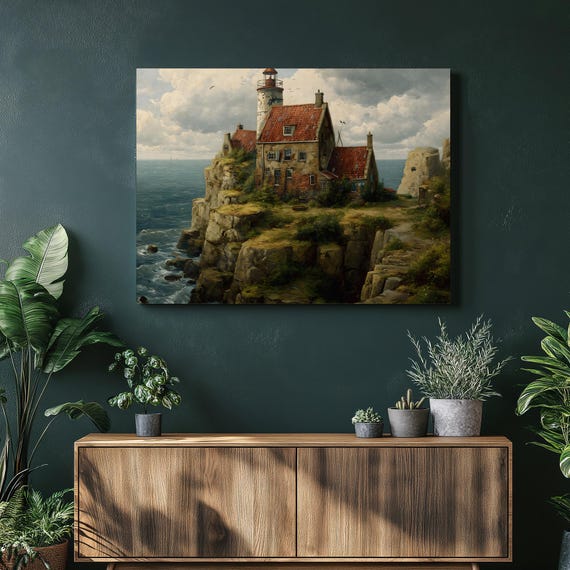 Majestic Lighthouse Canvas Wall Art Coastal Cliffside Seascape Print Rustic Harbor Scene Ocean Wave Decor Nautical Home Gift Seaside