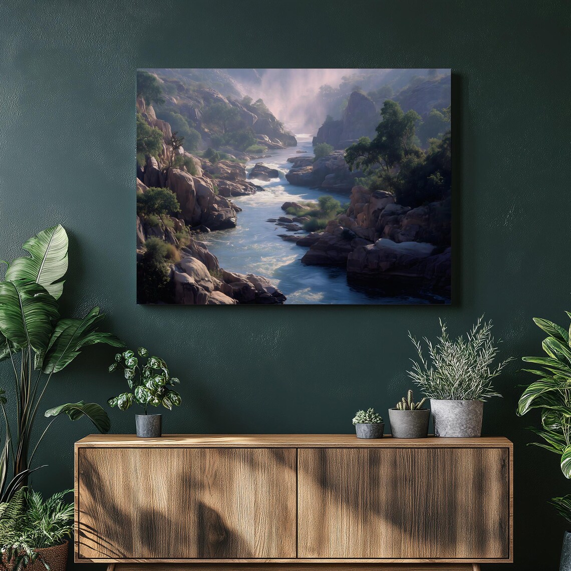 Rocky River Canyon Whitewater Rapids in Soft Morning Mist Art Poster
