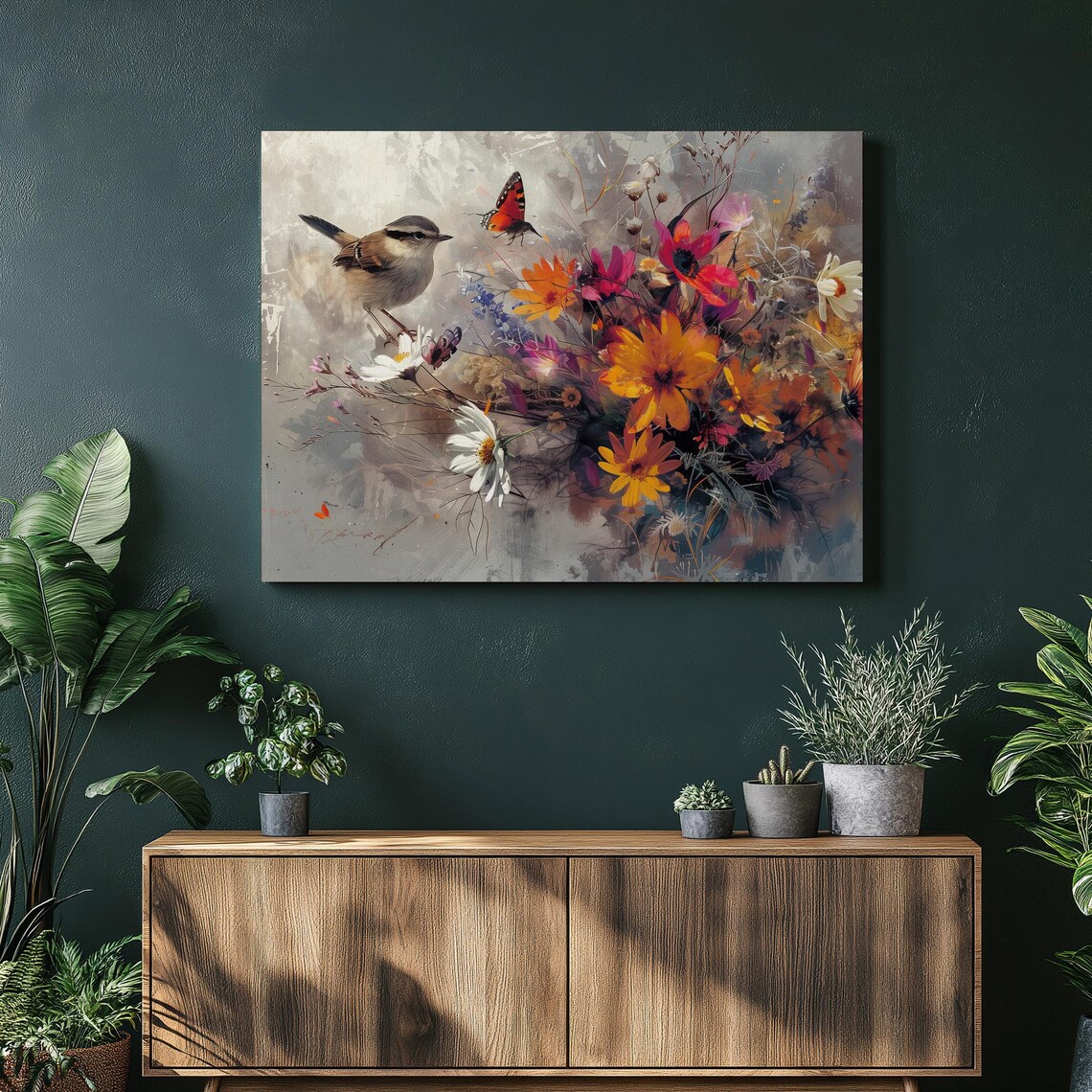 Wren Bird Butterfly Wildflower Nature Watercolor Painting Poster