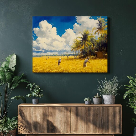 Tropical Rice Harvest Golden Wheat Field Farmers Painting Poster