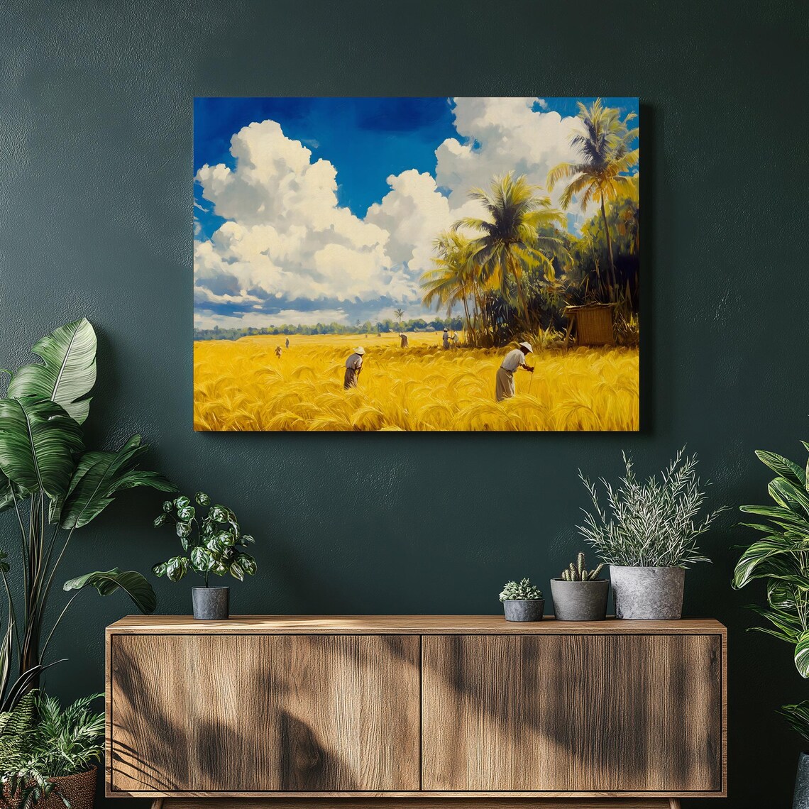 Tropical Rice Harvest Golden Wheat Field Farmers Painting Poster