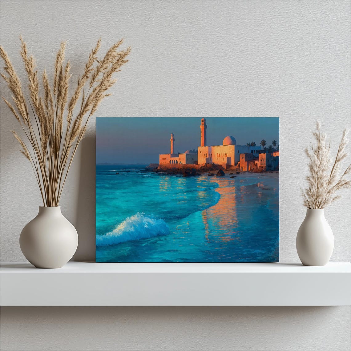 Coastal Mosque Sunset Turquoise Sea Old Port Evening Painting Poster