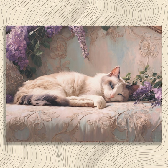 Sleeping White Cat Among Lilac Blossoms Pastel Floral Painting Wall Art