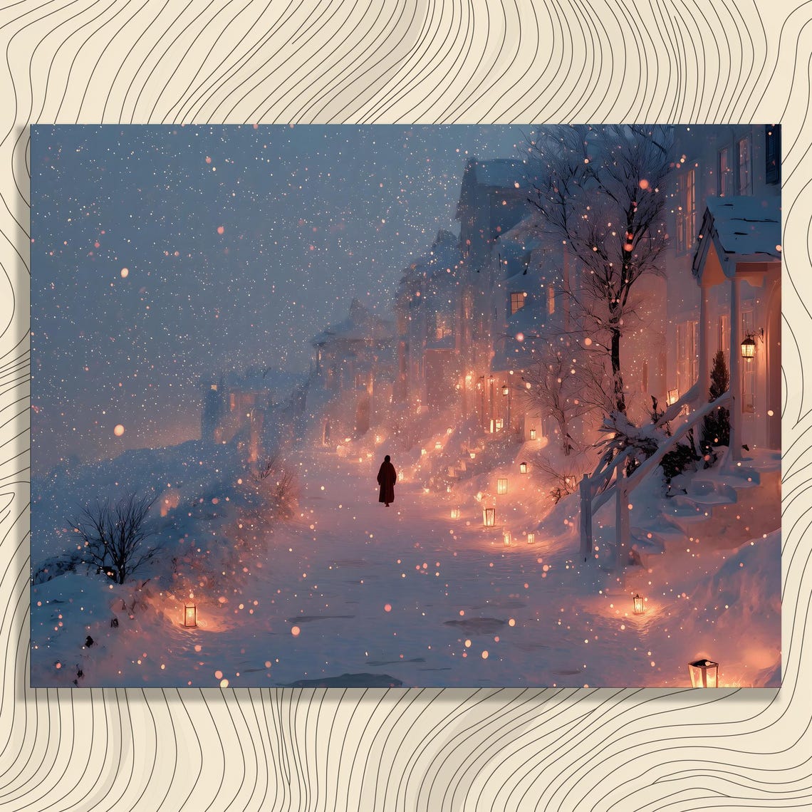 Snowy Street Lanterns Warm Winter Night Serene Snowfall Poster
