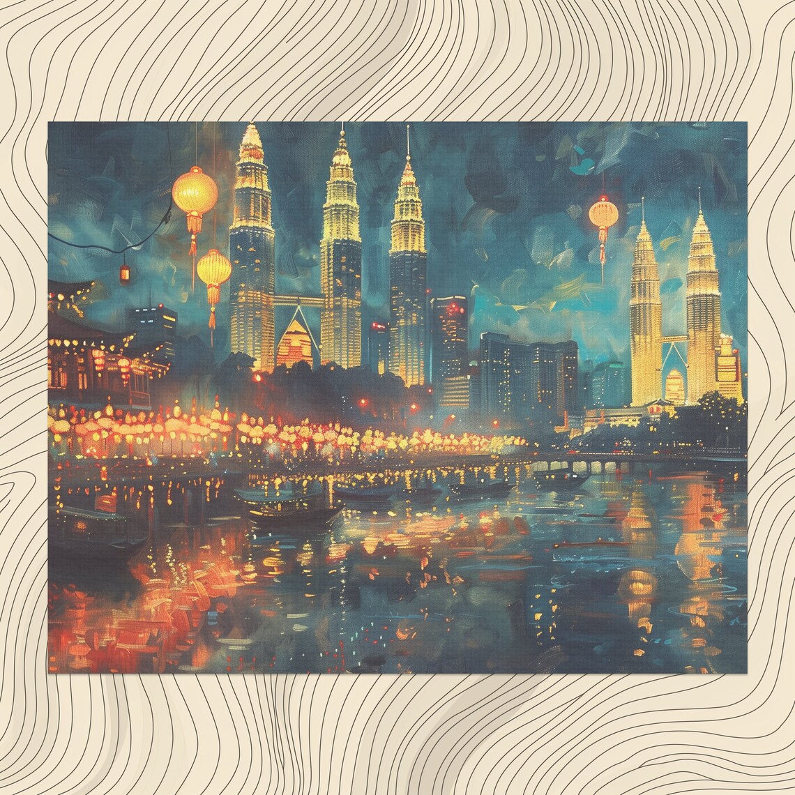 Malaysia Kuala Lumpur Twin Towers Lantern Night Cityscape Poster