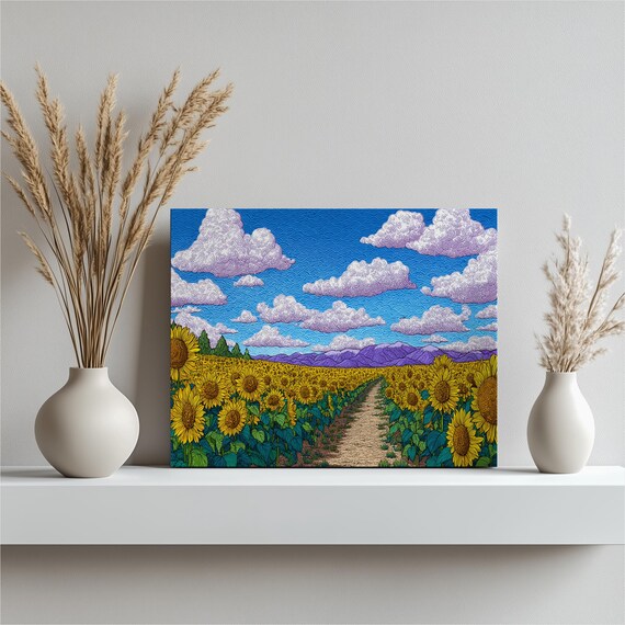 Sunflower Field Path Under Swirling Clouds Folk Art Style Poster
