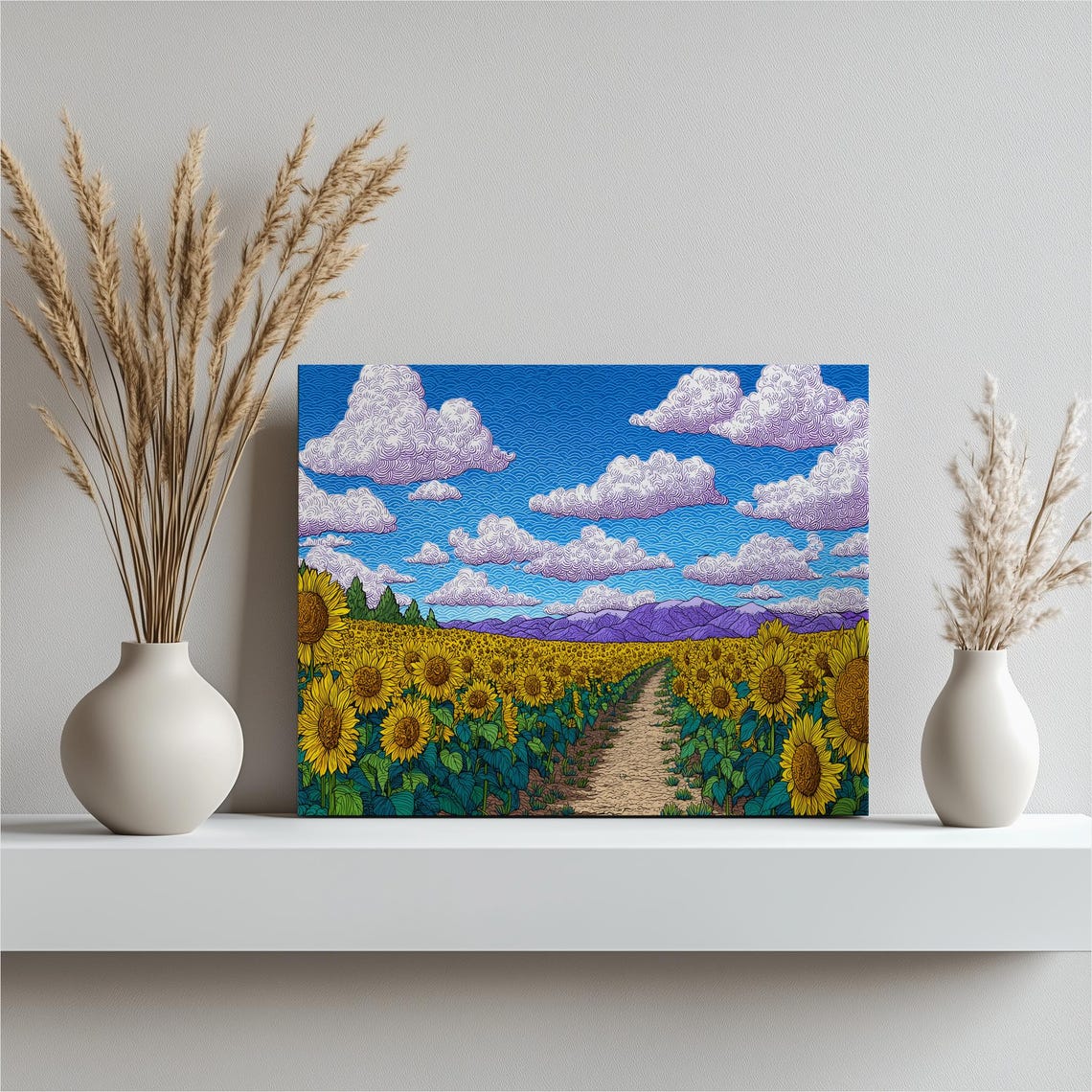 Sunflower Field Path Under Swirling Clouds Folk Art Style Poster