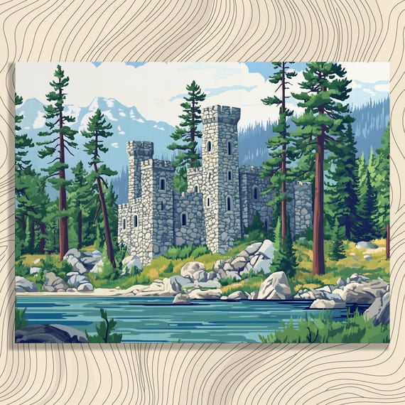 Serene Castle Canvas Wall Art Pine Trees And River In Mountain Landscape Print For Nature Lovers Enthusiasts Classic Decor