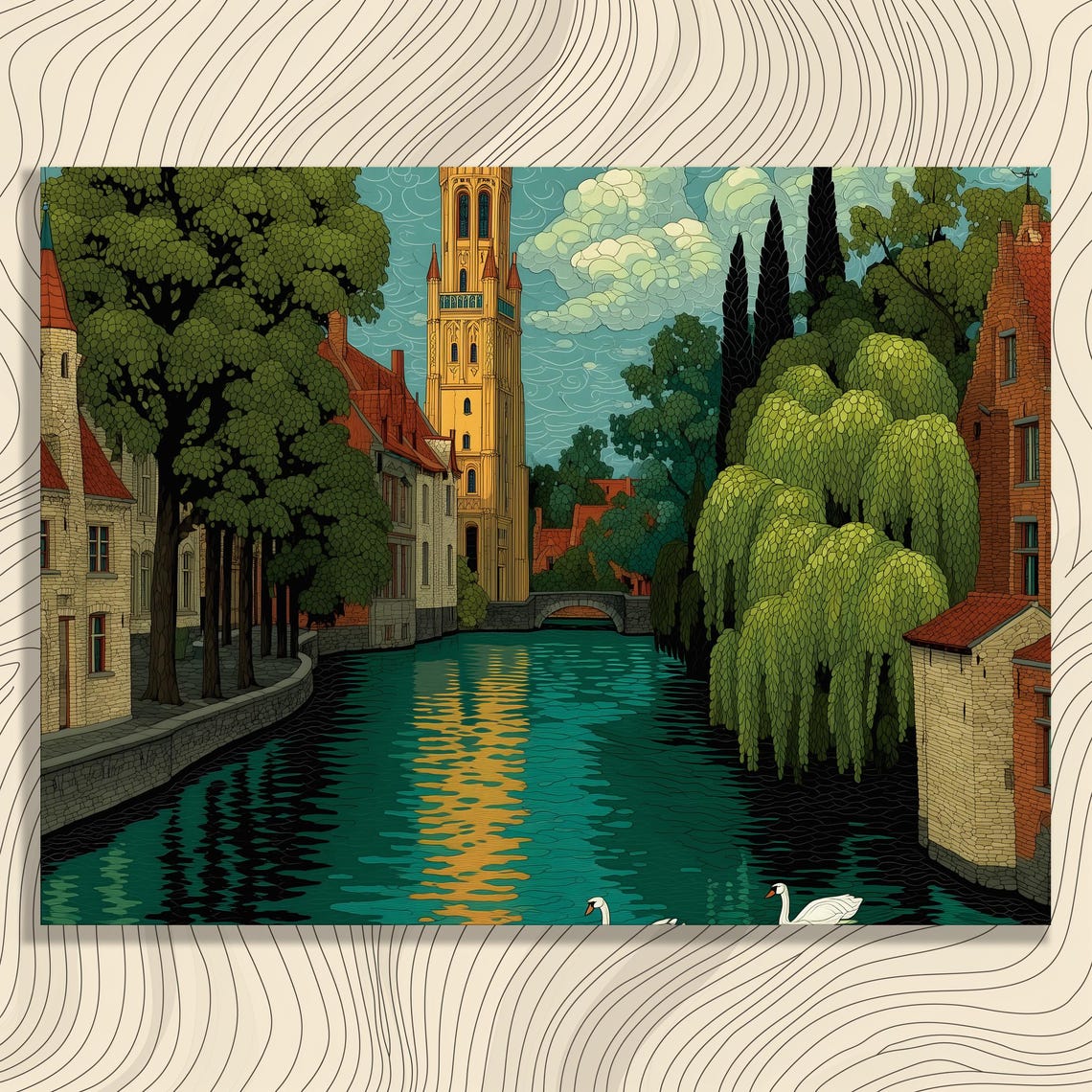 European Canal With Swans Arched Bridge Tower City Art Poster