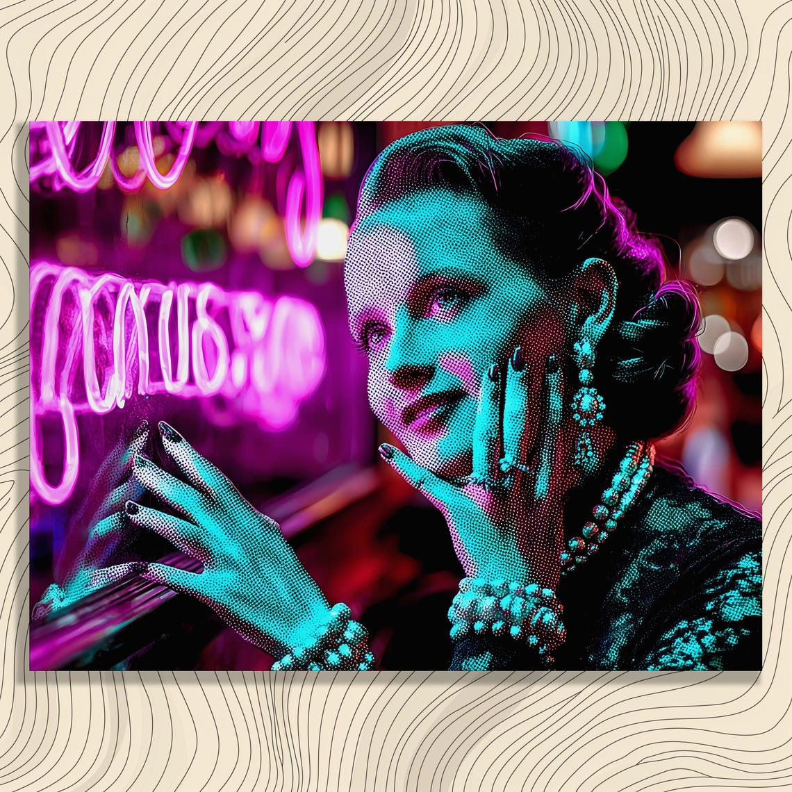 Neon Night Portrait Glam Woman Pearls Halftone Pop Art Print