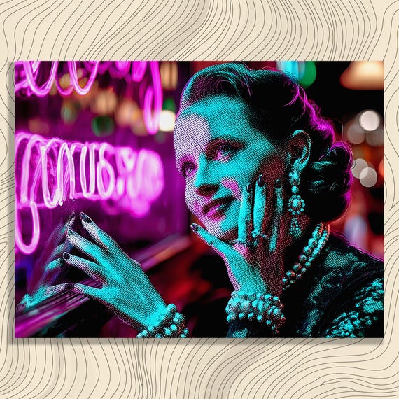 Neon Portrait Canvas Wall Art Vintage Retro Pop Illustration Print Bright Sign Home Decor Glam Lady