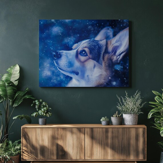Unique Pembroke Welsh Corgi Cosmic Canvas Art Starry Night Dog Portrait For Pet Lovers Modern Space Home Nursery Wall Print Gift