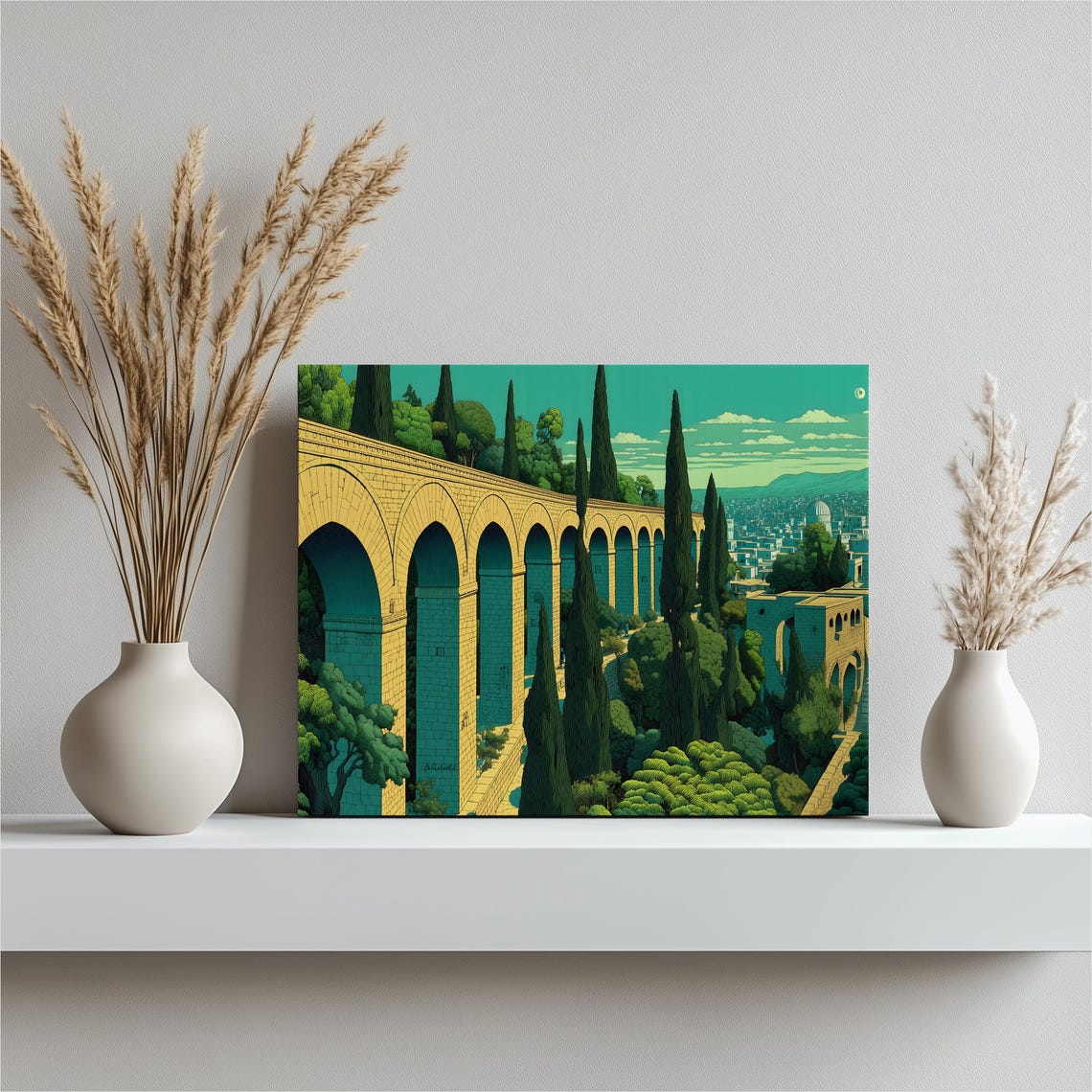 Ancient Stone Aqueduct Cypress Trees Mediterranean Skyline Art Poster