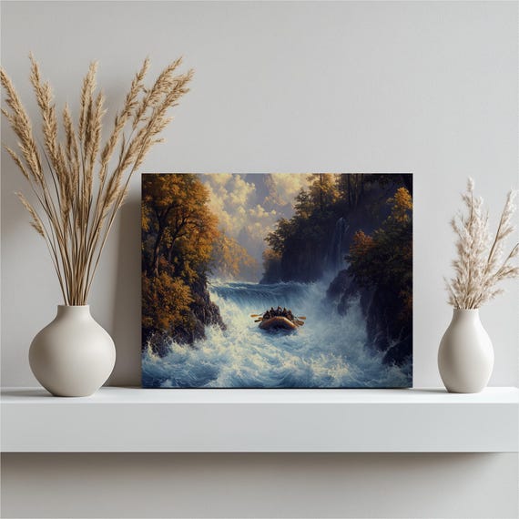 White Water Rafting River Print Canvas Landscape Painting Nature Wall Art For Outdoor Adventure Mountain View And Rapids Decor