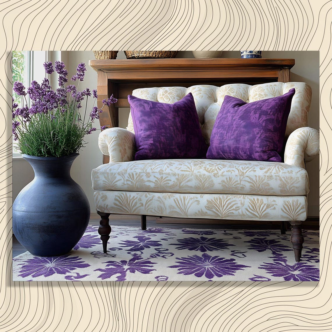Cozy Living Corner Loveseat Lavender Bouquet Floral Rug Decor Poster