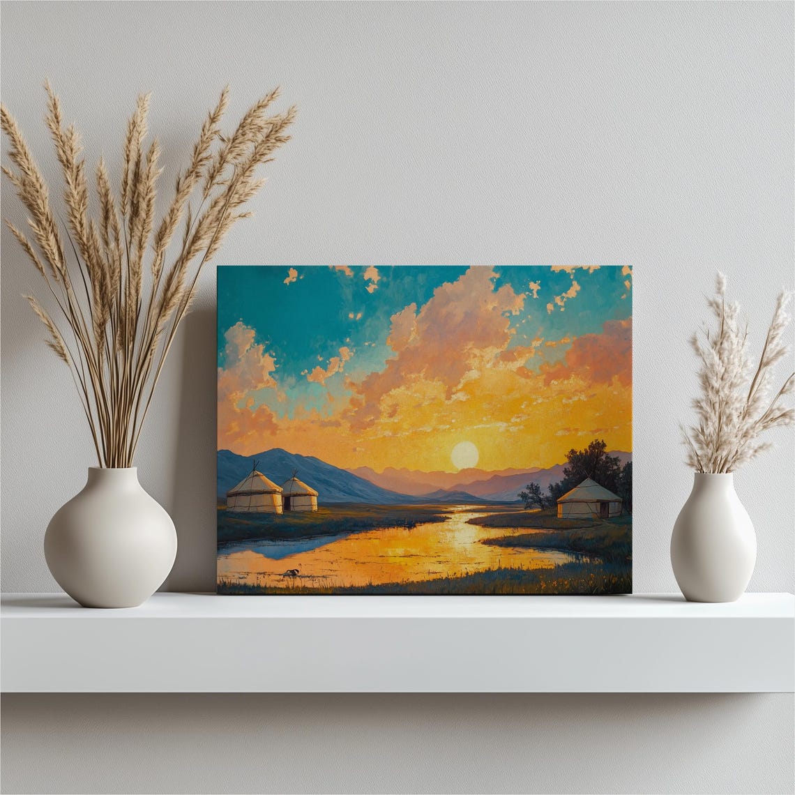 Peaceful Riverside Yurts At Sunset Mountain Steppe Painting Poster
