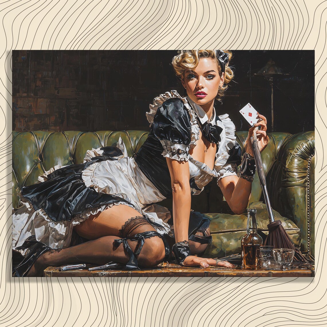 Blonde Maid Pin Up Ace of Diamonds Whimsical Retro Lounge Art Poster