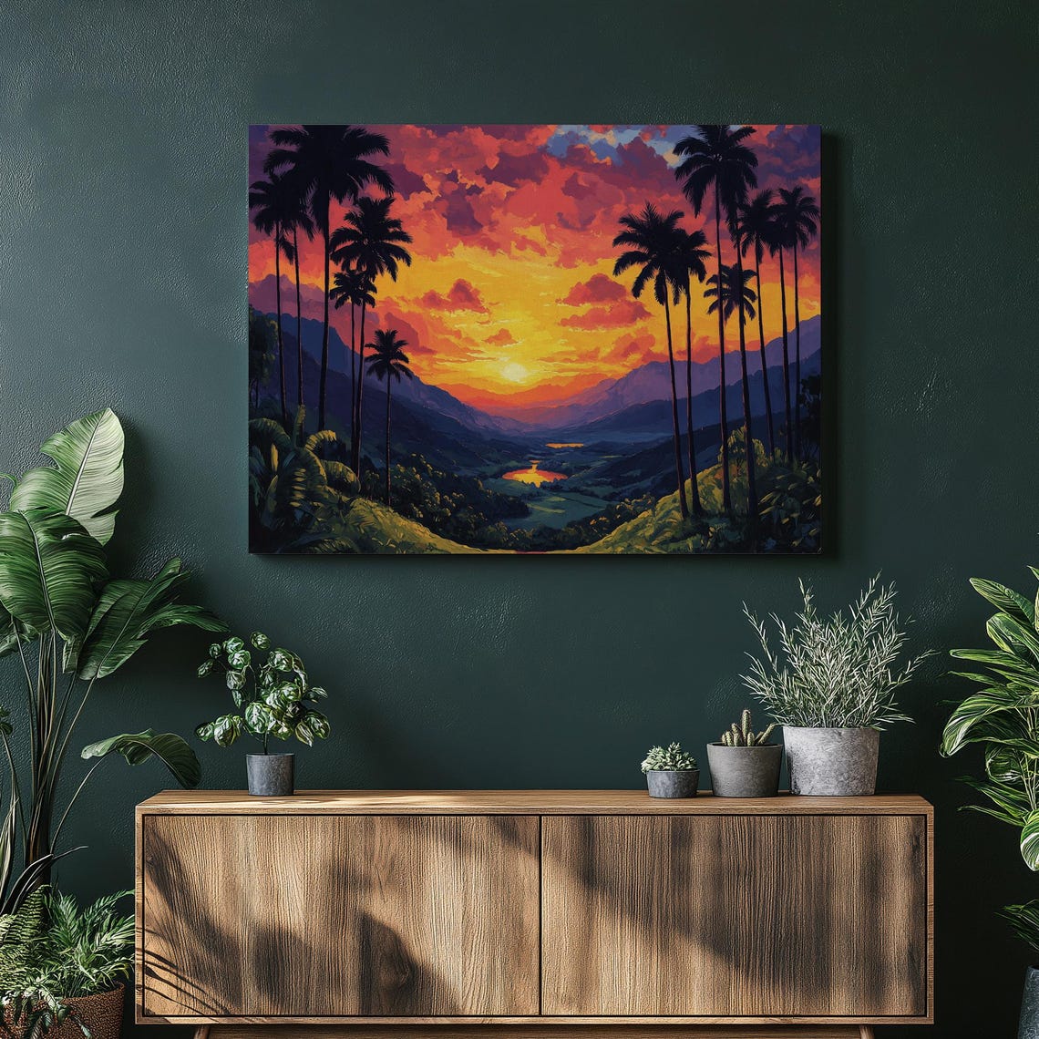 Tropical Valley Sunset With Palm Silhouettes Golden Mountain Wall Art