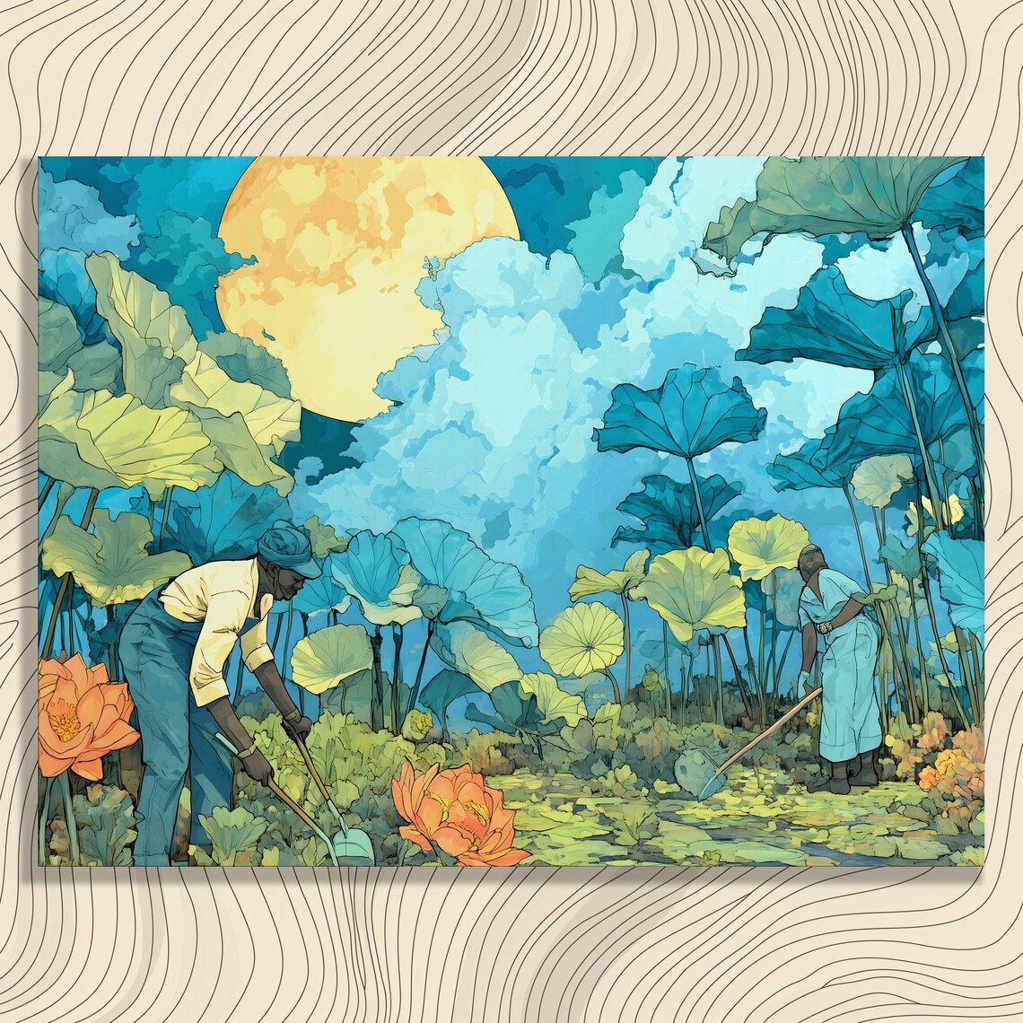Moonlit Pond Gardeners Giant Lotus Flowers Dreamy Night Poster