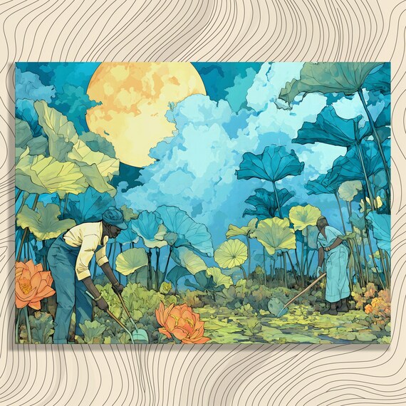 Moonlit Pond Gardeners Giant Lotus Flowers Dreamy Night Poster