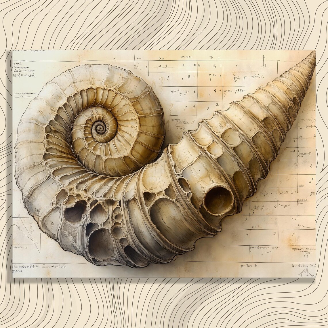 Fibonacci Spiral Shell Vintage Scientific Illustration Nautilus Wall Art