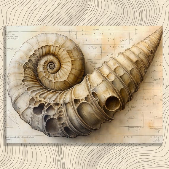 Fibonacci Spiral Shell Canvas Wall Art Golden Ratio Nautilus Sketch Scientific Illustration Vintage Parchment Math Decor Print