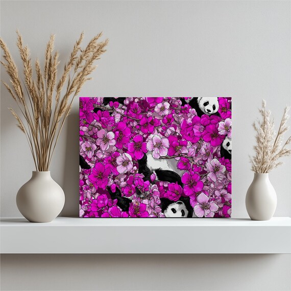 Cherry Blossom Panda Canvas Wall Art Pink Floral Gift Animal Decor Print Lovers Nature Spring Botanical Poster Design